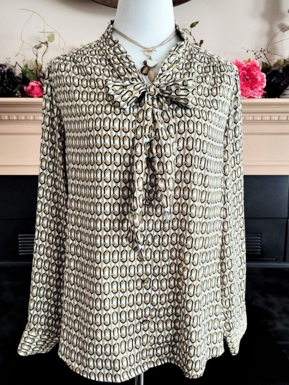 RACHEL Rachel Roy Satin Blouse Top XL Black Gold Cream Luxury Chain Tie Button